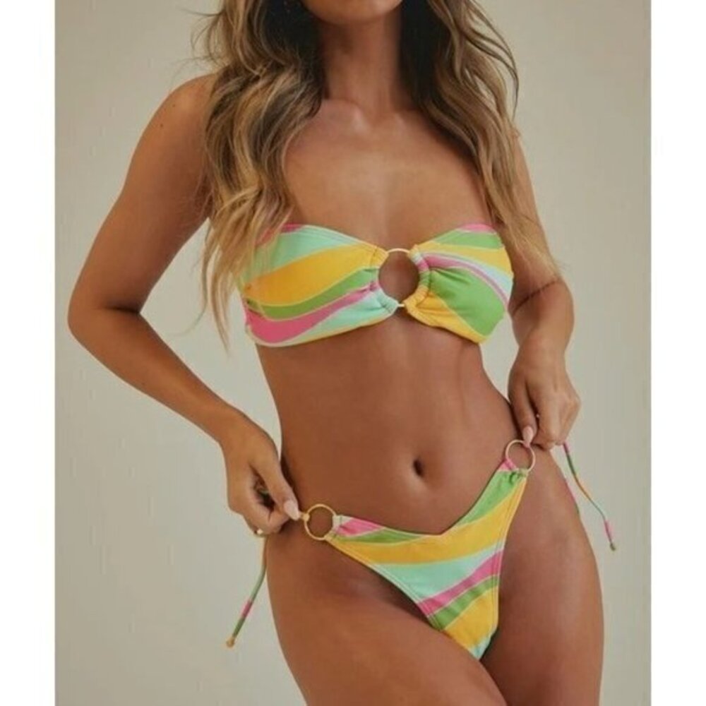 Forplay Strapless Cheeky Gold O Ring Side Tie Bikini Size M RefFNB